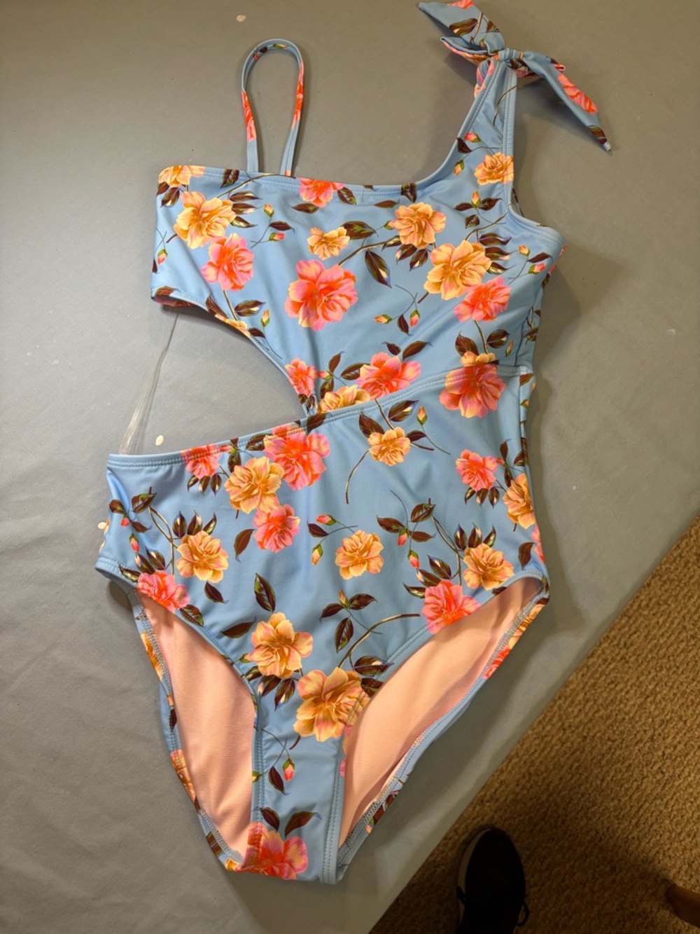 Girls One-Shoulder Floral Cutout Swimsuit - Blue/Pink